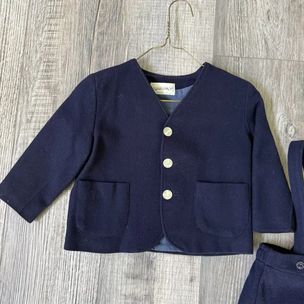 Vtg Toddler Boys Blazer Suspender Shorts Set Blue 3T Wool Toddlecrest Jacket
